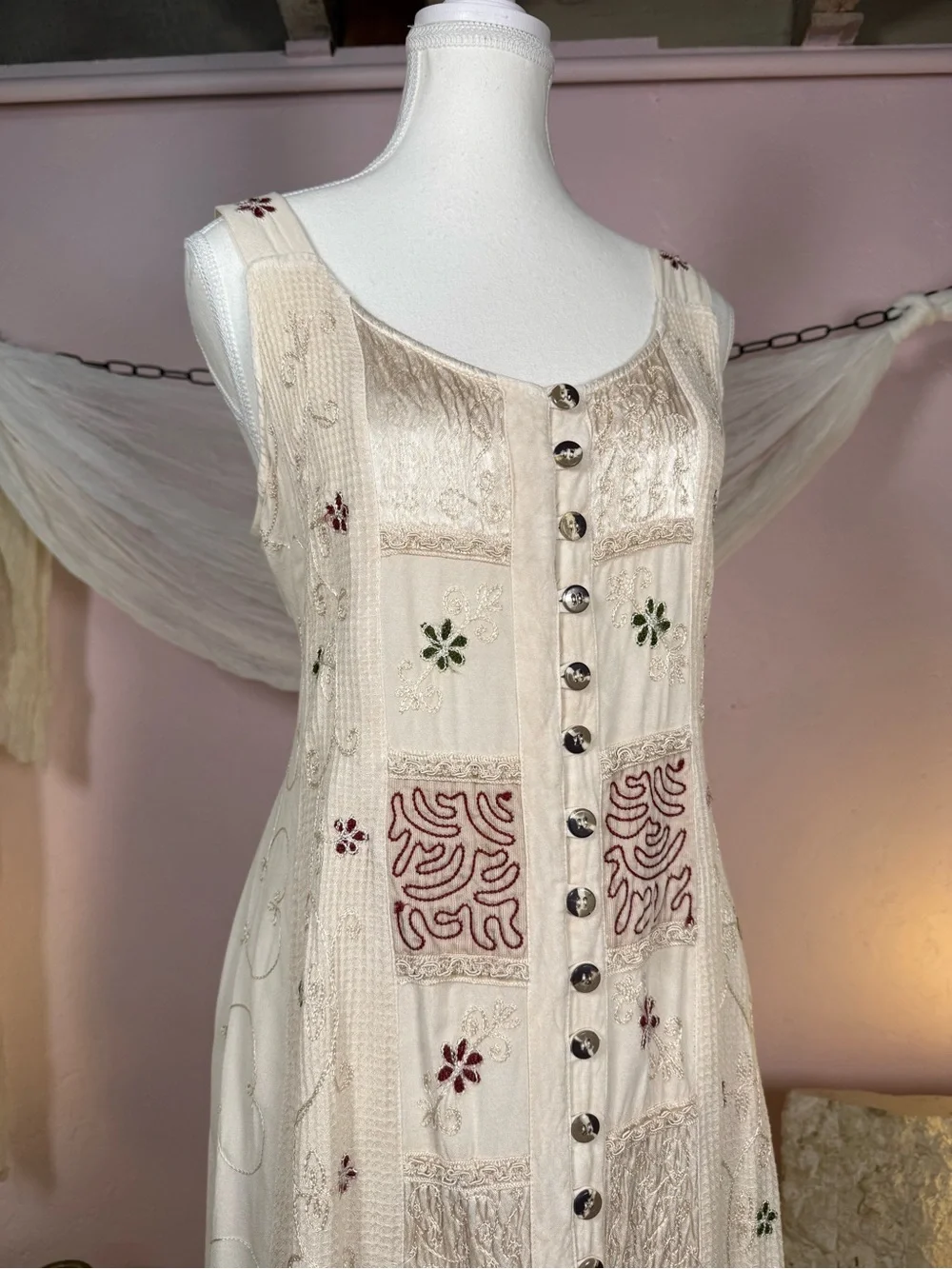 Vintage Cream Embroidered Maxi Dress | Button Front | Size M - Picture 3 of 4